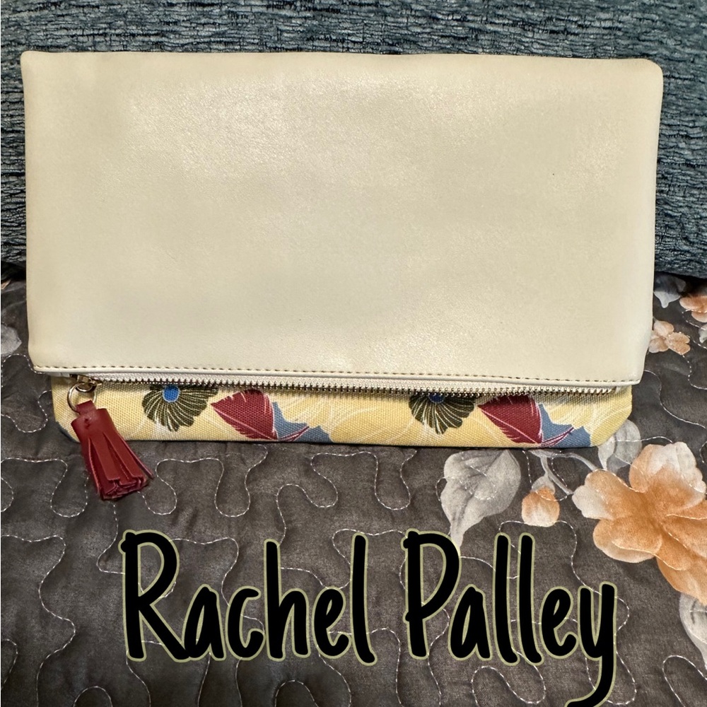 Neutral Cream Floral-Trim Clutch with Red Tassel